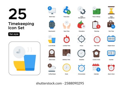 Clocks and Timekeeping Symbols. Stopwatch, Hourglass, and Alarm Clock Icons. Vector Illustration. Flat icon set