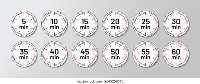 Relógios temporizadores com minutos diferentes. Prazo final de cronômetro de ícone de cronômetro de cronômetro redondo. Temporizador de contagem regressiva definido. Ilustração vetorial. Design plano. Indicadores de culinária sobre fundo branco.