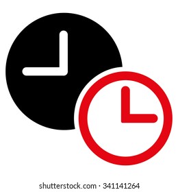Clocks vector icon. Style is bicolor flat symbol, intensive red and black colors, rounded angles, white background.