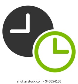 Clocks vector icon. Style is bicolor flat symbol, eco green and gray colors, rounded angles, white background.