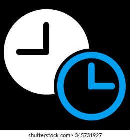 Clocks vector icon. Style is bicolor flat symbol, blue and white colors, rounded angles, black background.