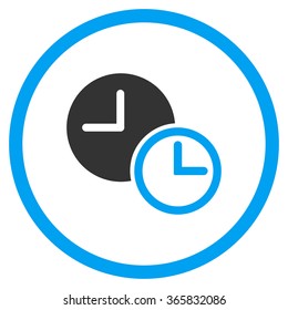Clocks vector icon. Style is bicolor flat circled symbol, blue and gray colors, rounded angles, white background.