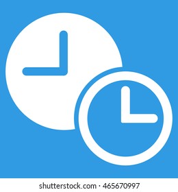 Clocks vector icon. Style is flat symbol, white color, rounded angles, blue background.