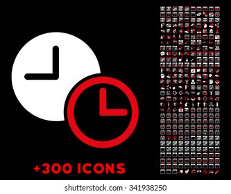 Clocks vector pictogram with additional 300 date and time management icons. Style is bicolor flat symbols, red and white colors, rounded angles, black background.