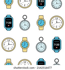 Clocks. Vector seamless pattern. Isolated on white background