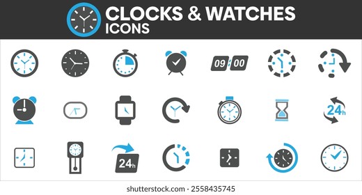 Clocks and Watches Icons Set, Containing All Clocks and Watches Icons Outlines, Vector Illustration Collection Editable eps10