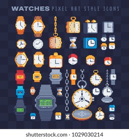 Clocks and watches icons set pixel art isolated vector illustration. Design for stickers, logo, embroidery, mobile app. Alarm clock, stopwatch, wristwatch and pocket watch icon.