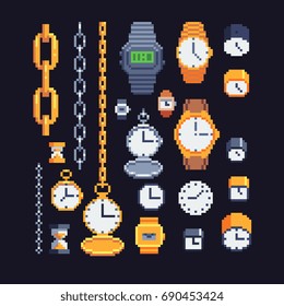 clocks and watches icons set, pixel art vector illustration.