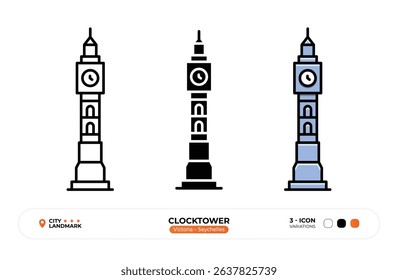 Clocktower Line Icon, Victoria, Seychelles Landmark Silhouette, Color Vector, Editable Stroke.