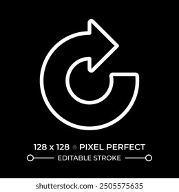 Clockwise arrow white linear icon for dark theme. Representing repeat function. System update. Loading sign. Circular arrow. Thin line illustration. Isolated symbol for night mode. Editable stroke