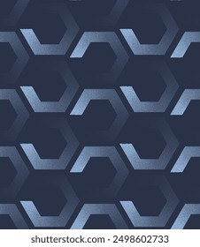 Clockwise Gradient Hexagons Grid Seamless Pattern Trend Vector Blue Abstract Background. This Geometrical Motif is Suitable for Use in Textile Prints, Wallpaper. Repetitive Half Tone Art Illustration