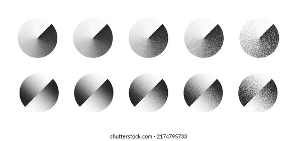 Clockwise Gradient And Shifted Circle Abstract Shapes Vector Set In Different Variations Isolated On White Background. Various Degree Black Noise Dotted Figures Design Elements Texture Collection