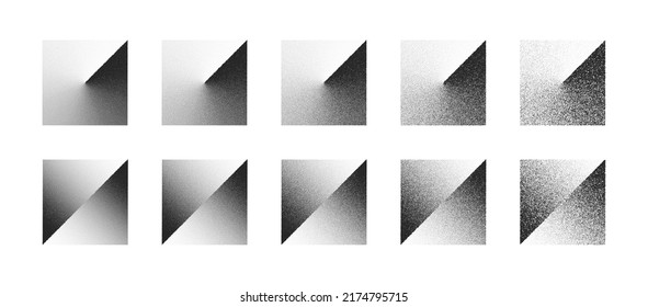 Clockwise Gradient And Shifted Square Abstract Shapes Vector Set In Different Variations Isolated On White Background. Various Degree Black Noise Dotted Figures Design Elements Texture Collection