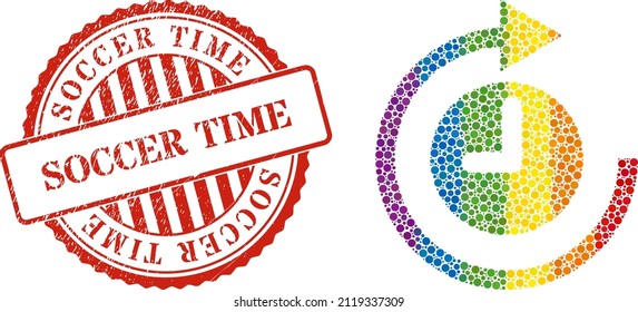 Icono de collage de rotación en sentido horario de los círculos rellenos en diferentes tamaños y tonos de color arcoiris. Marca de agua roja redondeada con texto de tiempo de fútbol.