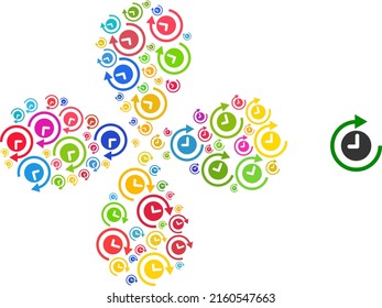 Clockwise rotation icon multicolored swirl flower with 4 petals shape. Object cyclone composed from random clockwise rotation items. Vector flower icon collage in flat style.