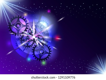 Clockwork in bright light effects on a starry sky background. Vector Illustration