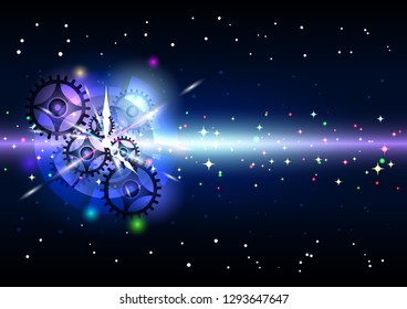 Clockwork in bright light effects on a starry sky background. Galaxy Vector Illustration