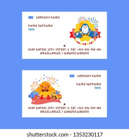 Clockwork bright mechanic children tin toys set of business cards vector illustration. Mechanical windup cute gifts. Animals such as duck, turtle, elephant, mouse, penguin.