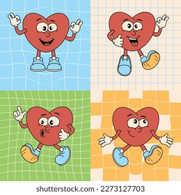 Clockwork and bright posters with a cute retro cartoon heart. Love concept. Happy Valentine's Day greeting card. Cheerful and bright background in trendy 2000s cartoon style. Vector.
