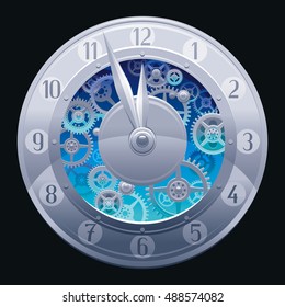 Clockwork with cogwheels, minute, hour hands, vintage clock elements on black background. Retro silver glossy metal gear, blue elements, midnight time. Realistic watch mechanism design icon.