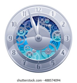 Clockwork with cogwheels, minute, hour hands, vintage clock elements on white background. Retro silver glossy metal gear, blue elements, midnight time. Realistic watch mechanism design. Isolated icon.