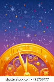 Clockwork with cogwheels, minute, hour hands, vintage clock elements on color background. Number 2017 text lettering. Holiday wallpaper.