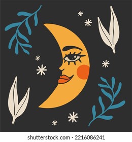 Clockwork crescent moon with a face and plants on a black background. Psychedelic vector clipart in line art style in 60s and 70s style. Vintage boho illustration. Abstract trippy art.