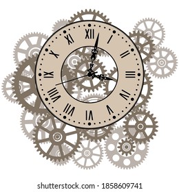 Clockwork Gear Mechanism.
Vintage Wall Clock Roman Number. Time Symbol. Vector illustration.