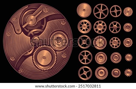 Clockwork and gears. Design set. Editable hand drawn illustration. Vector vintage engraving. Isolated on black background. 8 EPS