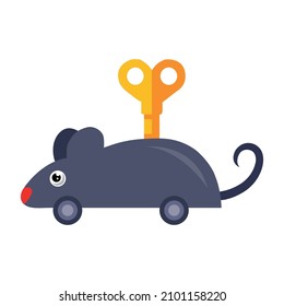Clockwork Gray Mouse with Key Icon Vector. Clockwork Funny Mouse Mice Vector Illustration for Preschooler, Kindergarten.