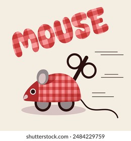 A clockwork gray and red mouse with black a key on its back. Happy Mouse Day. Vector illustration in flat style