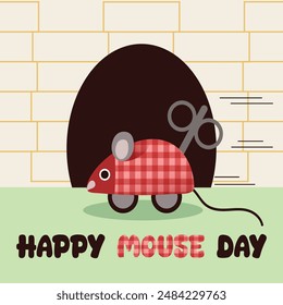 A clockwork gray and red mouse with black a key on its back. Happy Mouse Day. Vector illustration in flat style