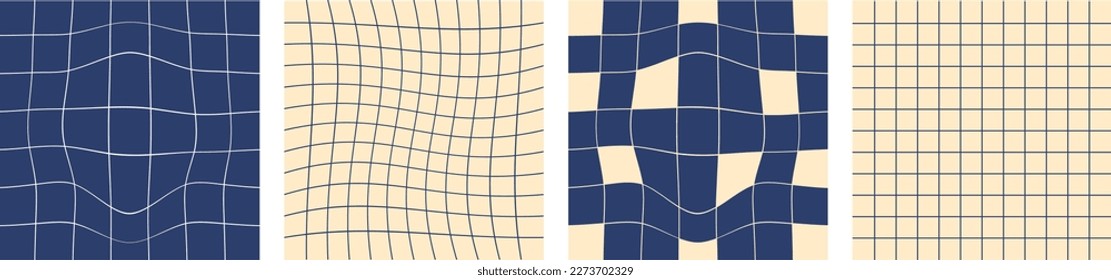 Clockwork hippie backgrounds from the 70s. Chess board, chessboard, grid, Twisted and distorted vector texture in trendy retro style. Vector illustration.