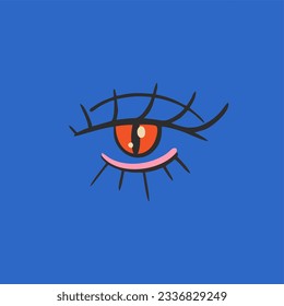 Clockwork illustration, sticker, eye. Funky, hippie style from the 60s. Vector flat bright hand drawn illustration.