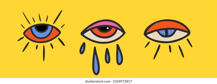 Ilustración de contracción, conjunto de pegatinas, ojos. Funky estilo hippie de los años 60. Ilustración de la mano brillante plana vectorial.
