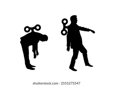 Clockwork Mechanical Puppet Businessman Idle and Walking Silhouette. Business people doing hard work and finding motivation for a job vector