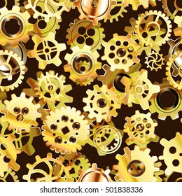 Clockwork mechanism seamless pattern with glossy golden steampunk cogwheels