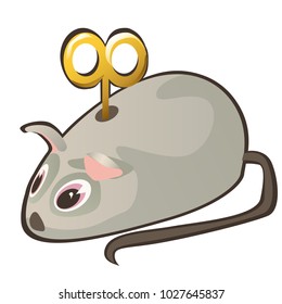 Clockwork mouse with key isolated on white background. Vector cartoon close-up illustration.