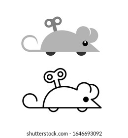 Clockwork mouse toy icon. Mechanical mice side view silhouette. Winding key in a cartoon mouse back. Adjustable stroke width.