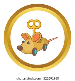 Clockwork mouse vector icon in golden circle, cartoon style isolated on white background