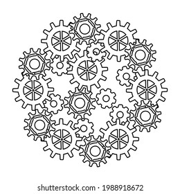 Clockwork movement. Steampunk.The concept of well-coordinated teamwork. Metal Parts, gears. Coloring pages for boys. Vector illustration