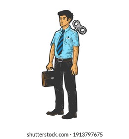 clockwork office worker businessman toy color sketch engraving vector illustration. T-shirt apparel print design. Scratch board imitation. Black and white hand drawn image.