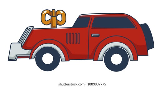 Clockwork Red Old Fashioned Car Design For Kids, Isolated Transport For Boys. Plaything With Key, Mechanic Mini Van. Vintage Automobile, Classic Or Retro Antique Models. Vector In Flat Style