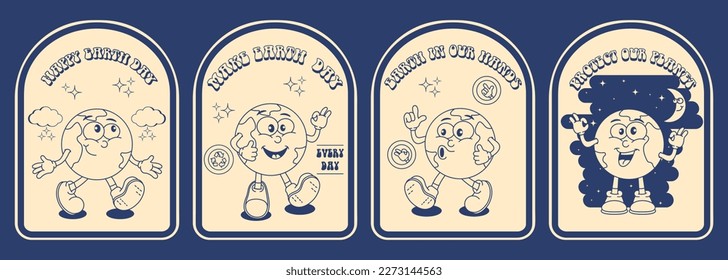 Clockwork retro cartoon planet earth poster set in 80s 90s 2000s monochrome palette with slogans planet day, earth day every day, earth in our hands, protect our planet. Comic, funny, stylish characte