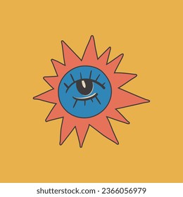 Ilustración retro de contracción, pegatina, ojo. El funk hippie de los 60. Ilustración de la mano brillante plana vectorial.