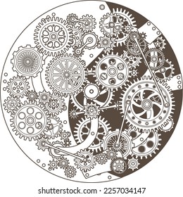 Clockwork in retro style. Gear mechanism. Clock cogwheel