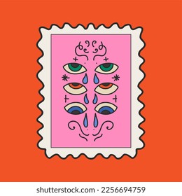 Clockwork sticker, postage stamp, eyes. Funky, hippie style from the 60s. Vector flat bright illustration hand drawn.