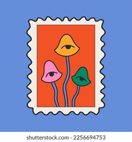 Clockwork sticker, postage stamp, psilocybins, mushrooms with eyes. Funky, hippie style from the 60s. Vector flat bright illustration hand drawn.