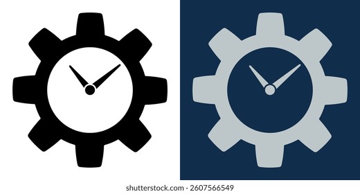 Clockwork time management icon, gear with clock hands, productivity, efficiency, business planning, industrial time concept, automation, workflow optimization, mechanical precision, schedule symbol.