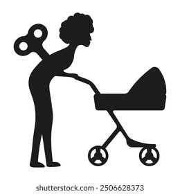 Clockwork toy mother and pram. Happy mother's day concept. Winding mom and baby stroller. Simple vector illustration.